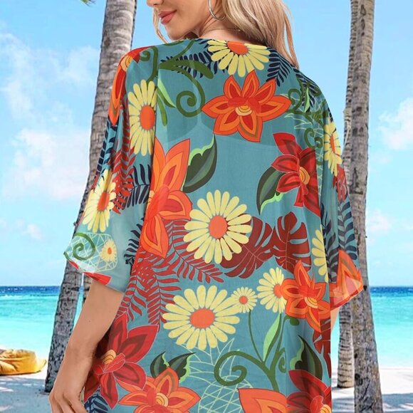 Women Kimono Cardigans Casual Summer Tops Cover up Open Front Floral Print Resor - Picture 5 of 5